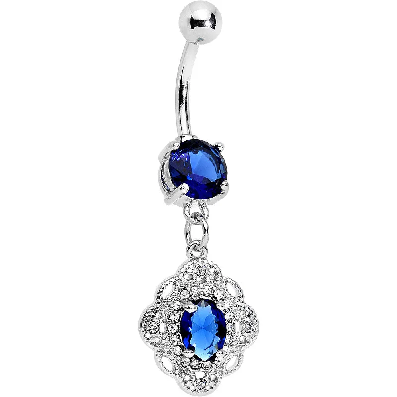 Belly Rings with Beautiful Designs for Trendy Looks -Royal Blue CZ Gem Clear Accent Ornate Ornament Dangle Belly Ring Belly Rings with Beautiful Designs for Trendy Looks -Royal Blue CZ Gem Clear Accent Ornate Ornament Dangle Belly Ring