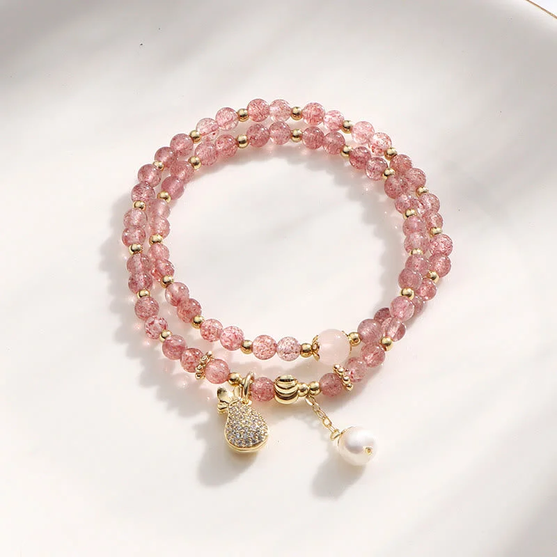 Adjustable Crystal Bangles for Women-Buddha Stones Strawberry Quartz Money Bag Positive Charm Double Wrap Bracelet Adjustable Crystal Bangles for Women-Buddha Stones Strawberry Quartz Money Bag Positive Charm Double Wrap Bracelet