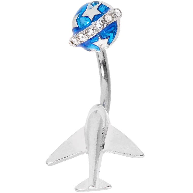 Comfortable Belly Rings for Simple Looks -Clear Gem Blue World Traveler Airplane Double Mount Belly Ring Comfortable Belly Rings for Simple Looks -Clear Gem Blue World Traveler Airplane Double Mount Belly Ring