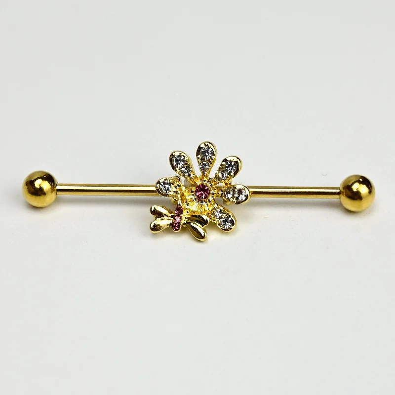 Women's Earrings – Elegant Designs for Every Personality--14 Gauge Clear Gem Gold Tone Classic Bee Flower Industrial Barbell 38mm