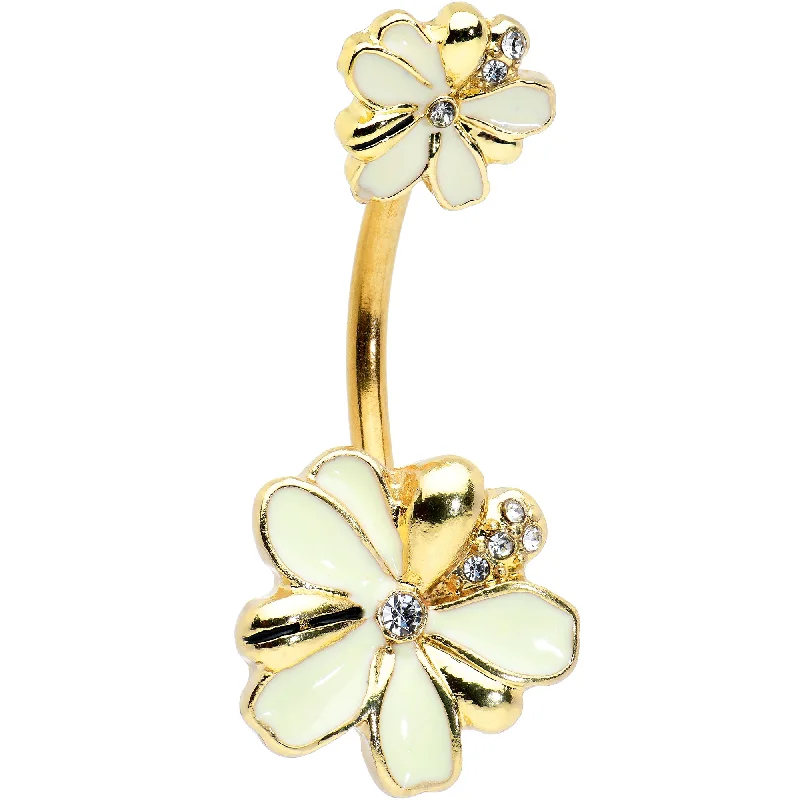 Belly Rings with Shiny Finishes for Unique Look -Clear Gem Gold Tone White Texture Daisy Flower Double Mount Belly Ring Belly Rings with Shiny Finishes for Unique Look -Clear Gem Gold Tone White Texture Daisy Flower Double Mount Belly Ring