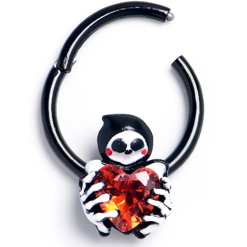 Women's Earrings – Elegant Designs for Every Personality--16 Gauge 3/8 Red Gem Black Skeleton Heart Hinged Segment Ring