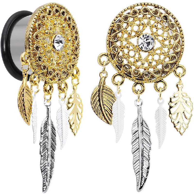 Women's Earrings – Elegant Designs for Every Personality--18mm Clear Gem Ornate Gold Disc Leaf Feather Dangle Plug Set Women's Earrings – Elegant Designs for Every Personality--18mm Clear Gem Ornate Gold Disc Leaf Feather Dangle Plug Set