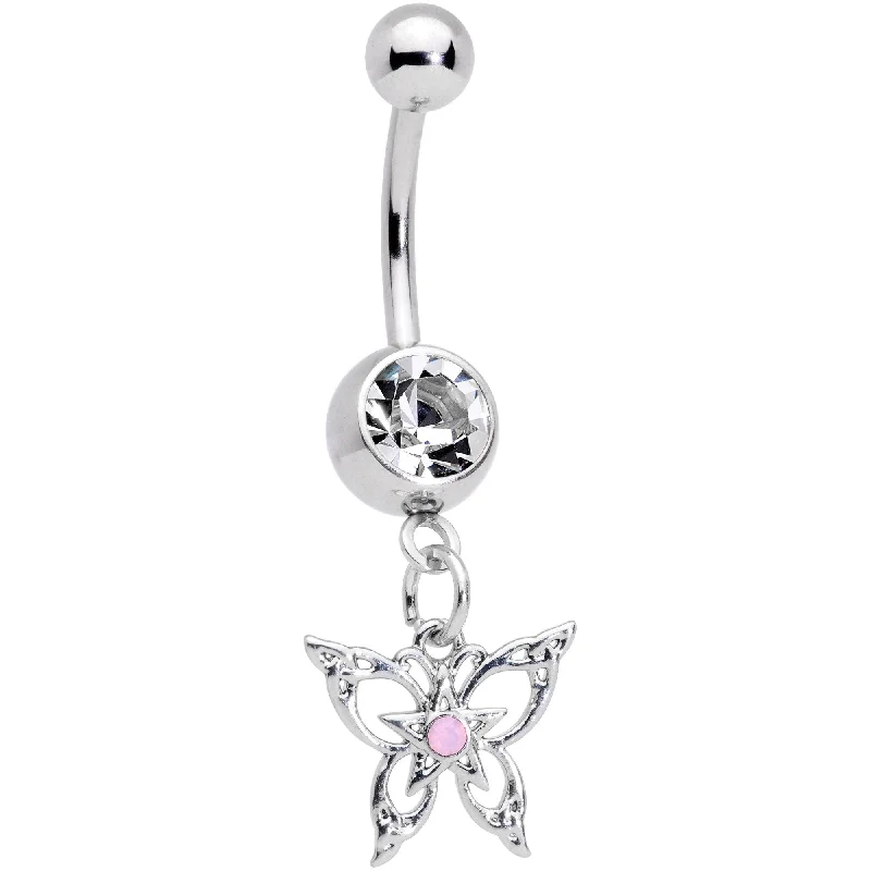 Custom Belly Rings for Personalized Style -Pink Synthetic Opal Clear Gem Lacy Butterfly Dangle Belly Ring