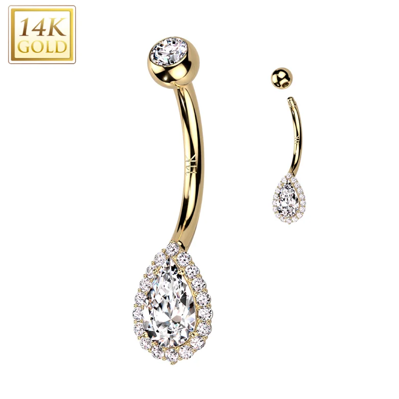 Comfortable Belly Rings for Elegant Comfort -14kt Solid Yellow Gold Cubic Zirconia Deco Tear Drop Belly Ring Comfortable Belly Rings for Elegant Comfort -14kt Solid Yellow Gold Cubic Zirconia Deco Tear Drop Belly Ring