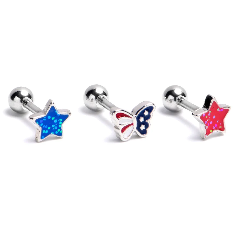 Women's Earrings – Elegant Designs for Every Personality--16 Gauge 1/4 Star Butterfly Patriotic Cartilage Tragus Earring Curation Set of 3 Women's Earrings – Elegant Designs for Every Personality--16 Gauge 1/4 Star Butterfly Patriotic Cartilage Tragus Earring Curation Set of 3