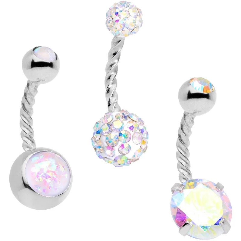 Comfortable Belly Rings with Unique Detailing -Aurora Gem White Faux Opal Disco Ball Twisted Belly Ring Set of 3 Comfortable Belly Rings with Unique Detailing -Aurora Gem White Faux Opal Disco Ball Twisted Belly Ring Set of 3