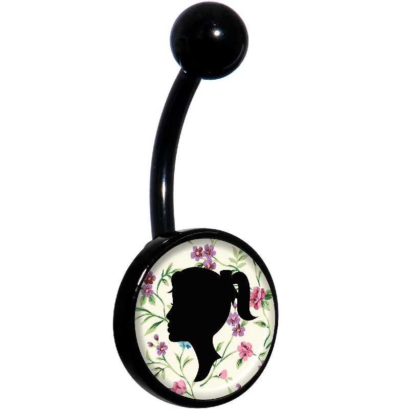 Comfortable Belly Rings for All-Day Comfort -Woman Floral Silhouette Black Belly Ring Comfortable Belly Rings for All-Day Comfort -Woman Floral Silhouette Black Belly Ring