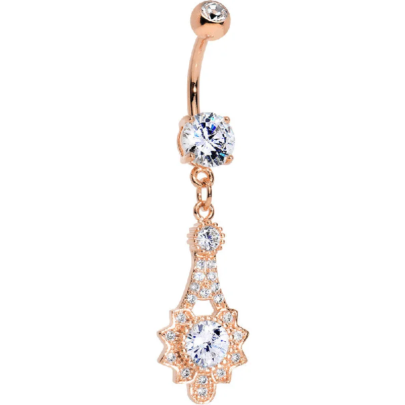 Beautiful Belly Rings with Timeless Beauty -Clear CZ Gem Rose Gold Plated Elegant Embellishment Dangle Belly Ring Beautiful Belly Rings with Timeless Beauty -Clear CZ Gem Rose Gold Plated Elegant Embellishment Dangle Belly Ring