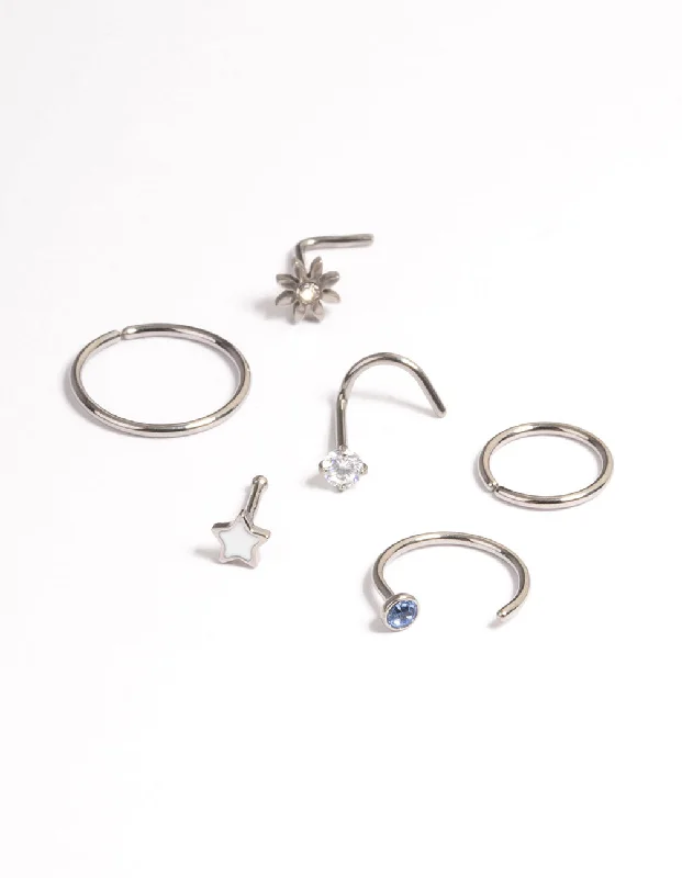 Beautiful Silver Nose Rings -Titanium Flower & Trio Ball Nose 6-Pack
