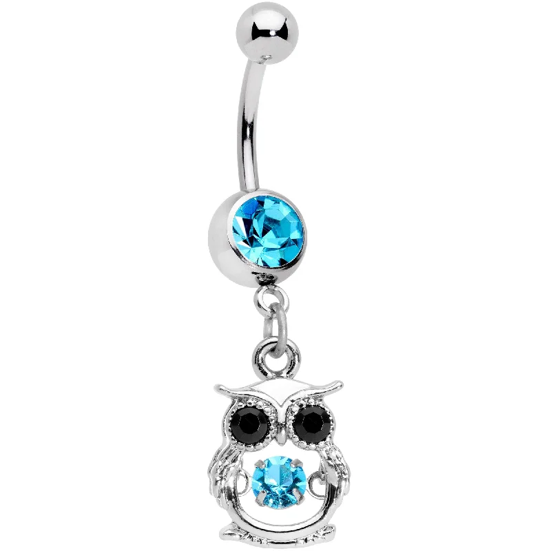 Stylish Belly Rings for Elegant Looks -Black Aqua CZ Gem It's A Hoot Owl Dangle Belly Ring Stylish Belly Rings for Elegant Looks -Black Aqua CZ Gem It's A Hoot Owl Dangle Belly Ring