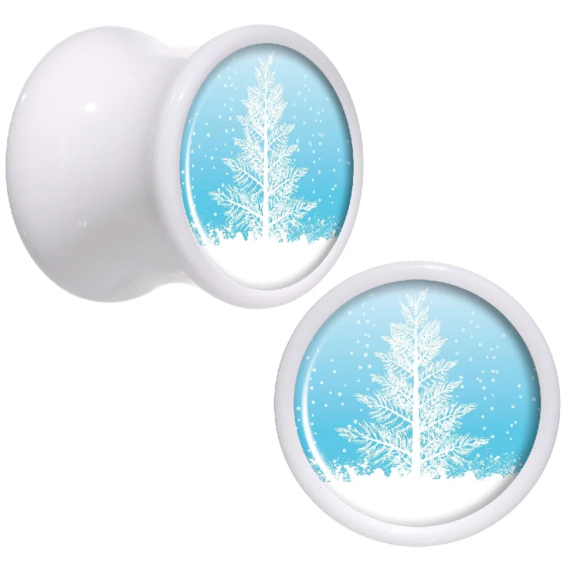 Women's Earrings – Elegant Designs for Every Personality--Winter Snow Covered Tree White Acrylic Saddle Plug Set Sizes 5mm to 20mm Women's Earrings – Elegant Designs for Every Personality--Winter Snow Covered Tree White Acrylic Saddle Plug Set Sizes 5mm to 20mm