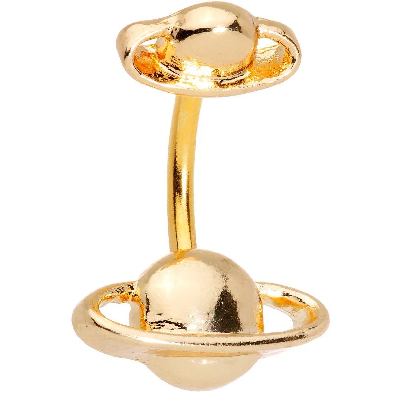 Comfortable Belly Rings for Sensitive Piercings -Gold Tone Twin Planet Saturn Double Mount Belly Ring