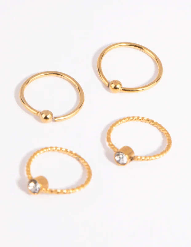 Elegant Nose Rings with Unique Designs -Gold Plated Surgical Steel Textured Diamante Nose Ring 4-Pack Elegant Nose Rings with Unique Designs -Gold Plated Surgical Steel Textured Diamante Nose Ring 4-Pack