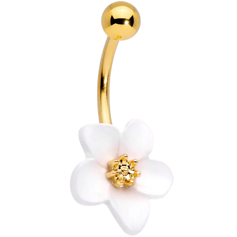Comfortable Belly Rings for Trendy Looks -Gold Tone Spring Blossom Pretty White Flower Belly Ring Comfortable Belly Rings for Trendy Looks -Gold Tone Spring Blossom Pretty White Flower Belly Ring