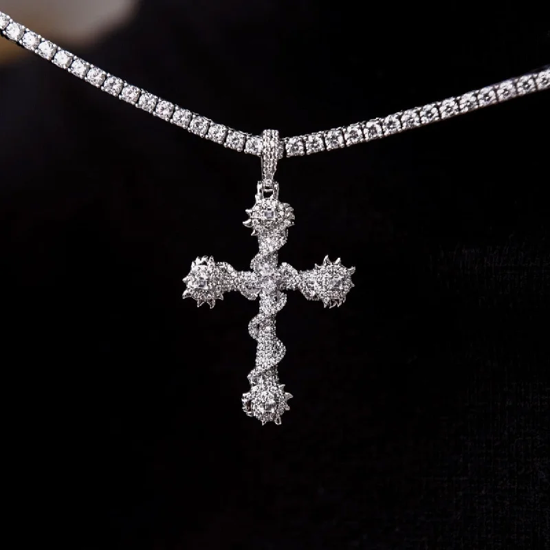 Gold-Plated Bracelets for Men-Crystal Iced Spiked Cross