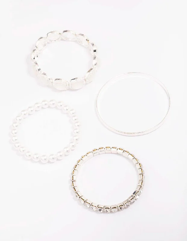 Elegant Wedding Bangle Sets for Women-Silver Pearl Stretch Bracelet 5-Pack