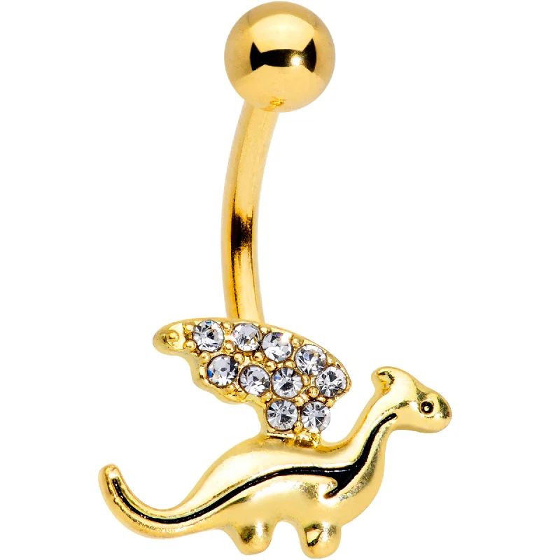 Comfortable Belly Rings for Everyday Use -Clear Gem Gold Tone Darling Dragon Belly Ring