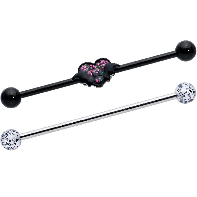 Women's Earrings – Elegant Designs for Every Personality--14 Gauge Black Bat Heart Halloween Clear Industrial Barbell 38mm Set of 2