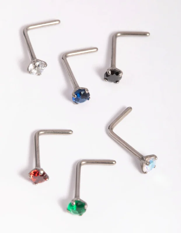 Nose Rings for All Ages -Titanium Mixed Stone Nose Stud 6-Pack