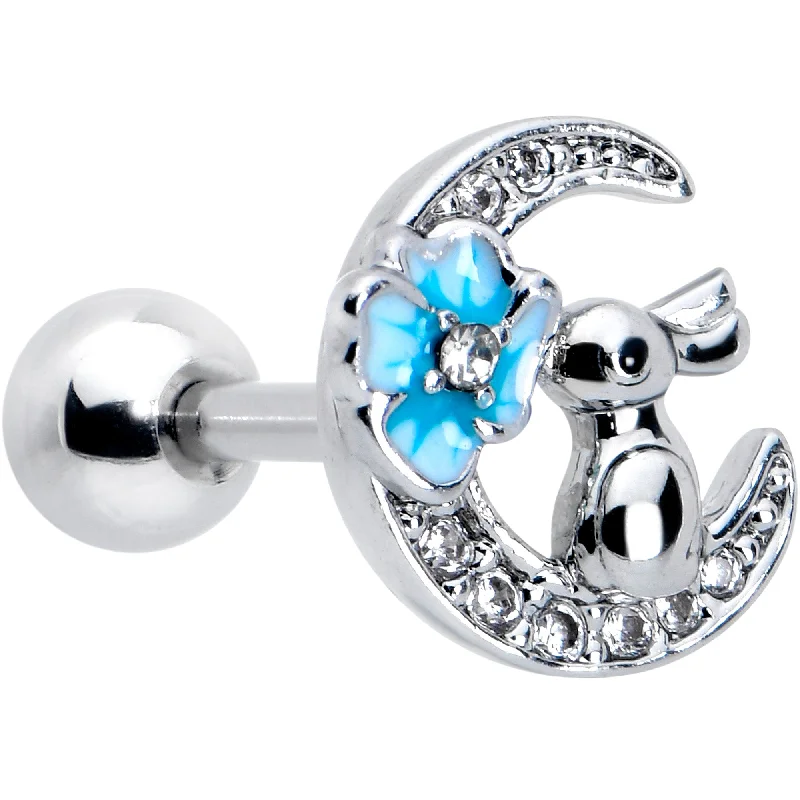 Women's Earrings – Elegant Designs for Every Personality--16 Gauge 1/4 Clear CZ Gem Rabbit On The Moon Blue Cartilage Earring