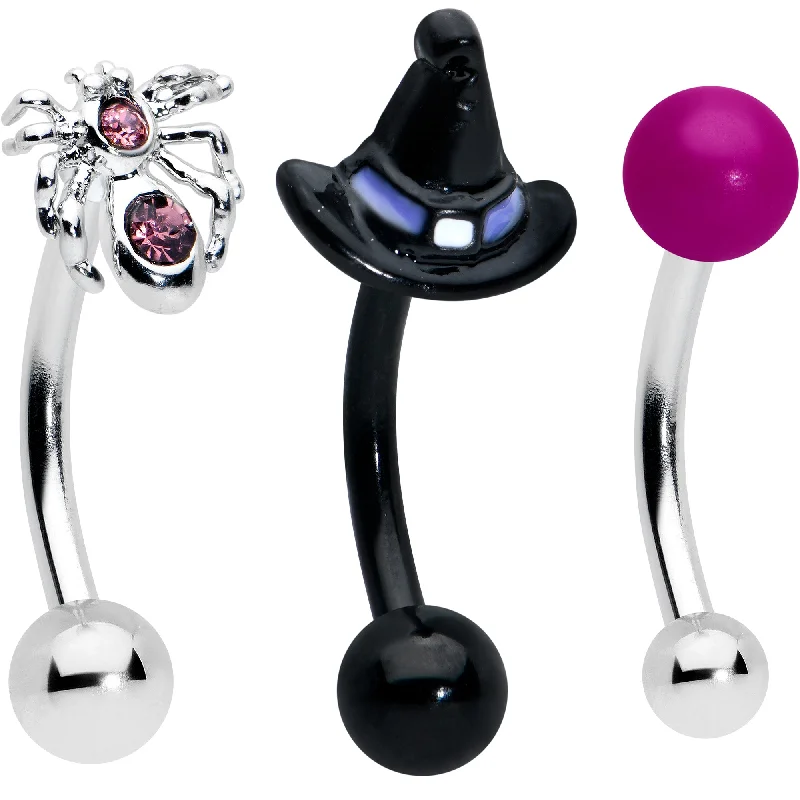 Women's Earrings – Elegant Designs for Every Personality--16 Gauge 5/16 Pink Gem Black Spider Witch Curved Eyebrow Ring Set of 3