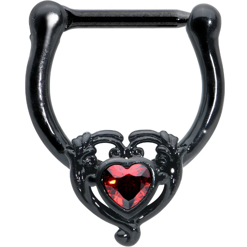 Women's Earrings – Elegant Designs for Every Personality--16 Gauge 5/16 Red CZ Gem Black Passion Heart Cartilage Clicker