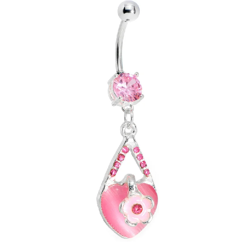 Trendy Belly Rings for Chic Look -Pink Gem Heart Flower Belly Ring