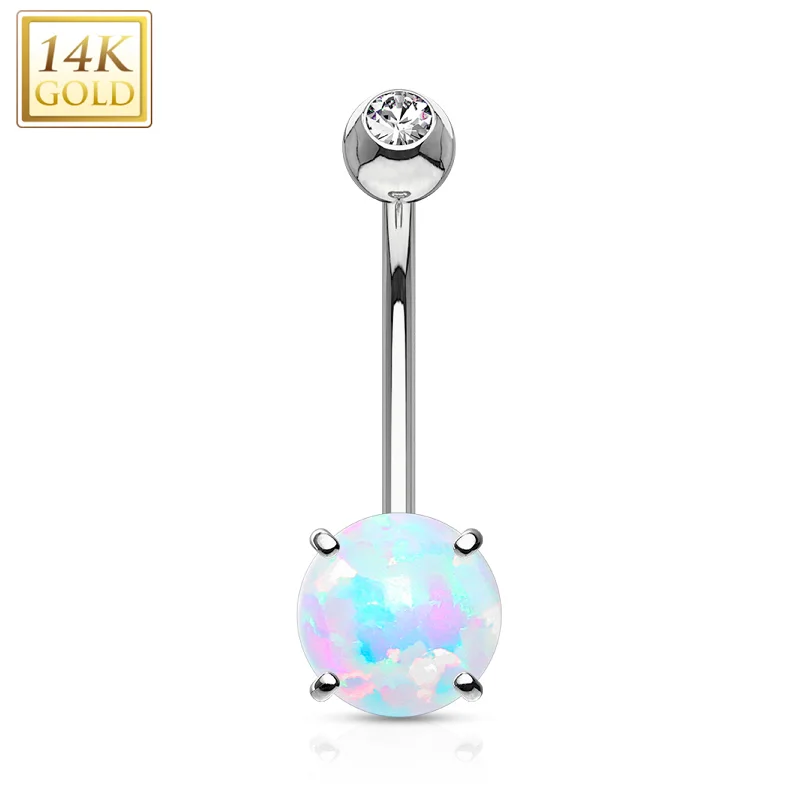 Beautiful Belly Rings with Stunning Accents -14kt Solid White Gold Regal CZ 6mm Synthetic Opal Belly Ring Beautiful Belly Rings with Stunning Accents -14kt Solid White Gold Regal CZ 6mm Synthetic Opal Belly Ring