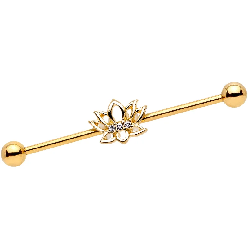 Women's Earrings – Elegant Designs for Every Personality--Clear Gem Gold Tone Live Love Lotus Flower Industrial Barbell 38mm Women's Earrings – Elegant Designs for Every Personality--Clear Gem Gold Tone Live Love Lotus Flower Industrial Barbell 38mm