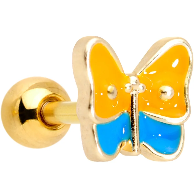 Women's Earrings – Elegant Designs for Every Personality--16 Gauge 1/4 Gold Tone Blue Orange Butterfly Cartilage Tragus Earring