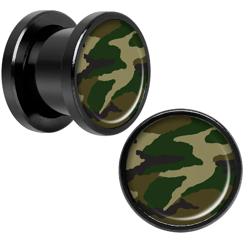 Women's Earrings – Elegant Designs for Every Personality--Woodland Camo Print Black Anodized Screw Fit Plug Set 00 Gauge Women's Earrings – Elegant Designs for Every Personality--Woodland Camo Print Black Anodized Screw Fit Plug Set 00 Gauge