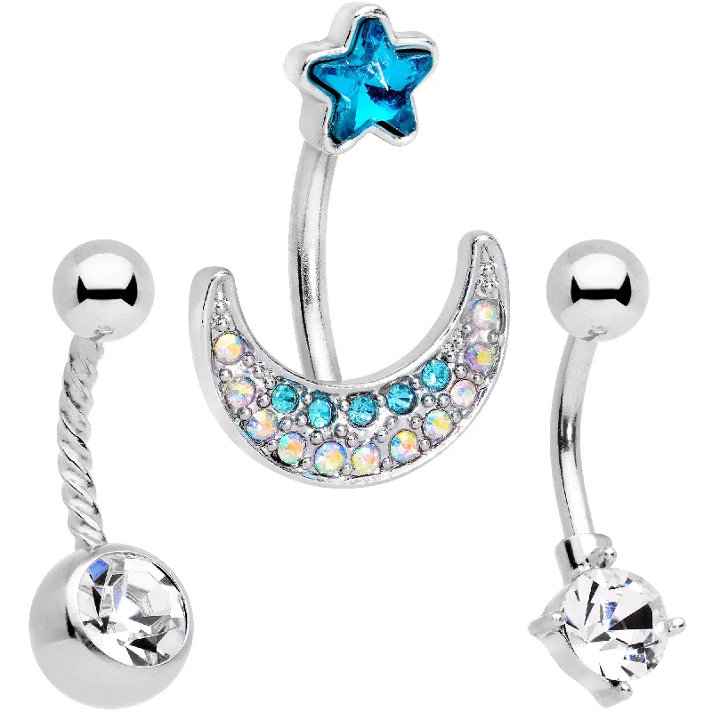 Trendy Belly Rings for Bold Statement -Clear Blue Aurora Gem Moon and Star Twisted Belly Ring Set of 3 Trendy Belly Rings for Bold Statement -Clear Blue Aurora Gem Moon and Star Twisted Belly Ring Set of 3