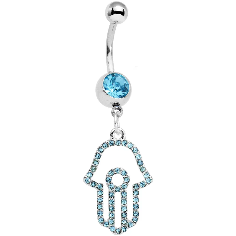 Comfortable Belly Rings for Exclusive Fashion -Aqua Gem Hollow Hamsa Hand Dangle Belly Ring Comfortable Belly Rings for Exclusive Fashion -Aqua Gem Hollow Hamsa Hand Dangle Belly Ring