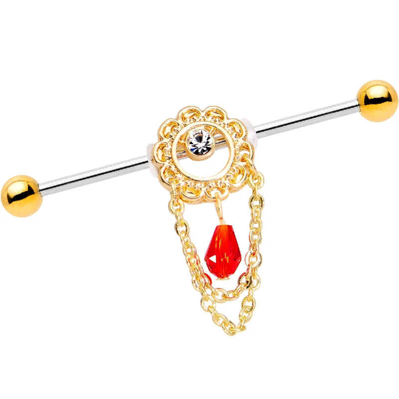 Women's Earrings – Elegant Designs for Every Personality--Red Gem Chains on Chains Industrial Barbell 38mm