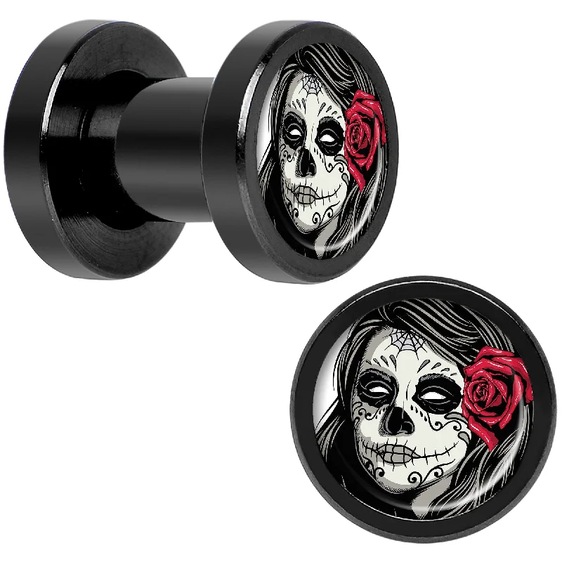 Women's Earrings – Elegant Designs for Every Personality--Katrina Sugar Skull Rose Flower Black Anodized Screw Fit Plug Set 4 Gauge Women's Earrings – Elegant Designs for Every Personality--Katrina Sugar Skull Rose Flower Black Anodized Screw Fit Plug Set 4 Gauge