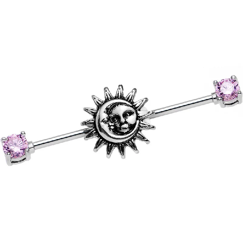Women's Earrings – Elegant Designs for Every Personality--14 Gauge Pink CZ Steel Celestial Sun and Moon Industrial Barbell 38mm