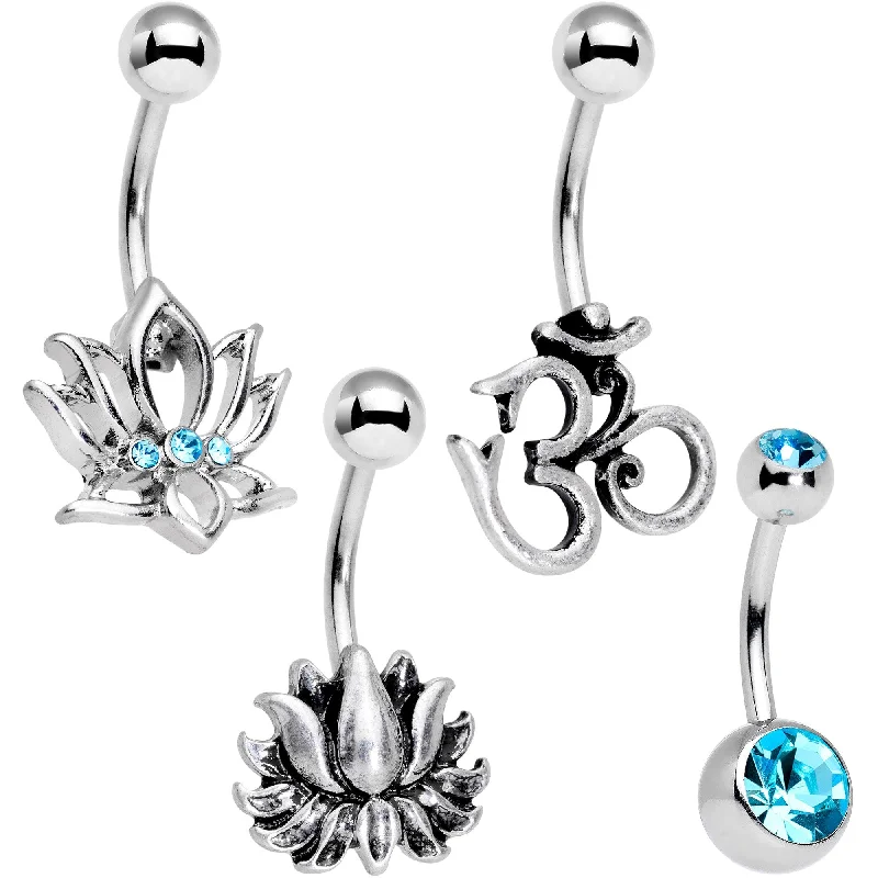 Belly Rings with Stylish Accents for Chic Fashion -Aqua Gem Spiritual Zen Lotus Flower Belly Ring Set of 4