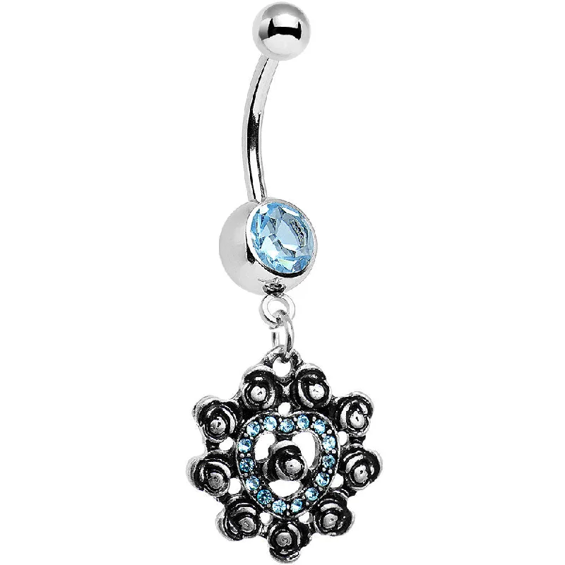 Unique Belly Rings for Creative Piercings -Aqua Gem Rose Ring Flower Heart Dangle Belly Ring Unique Belly Rings for Creative Piercings -Aqua Gem Rose Ring Flower Heart Dangle Belly Ring