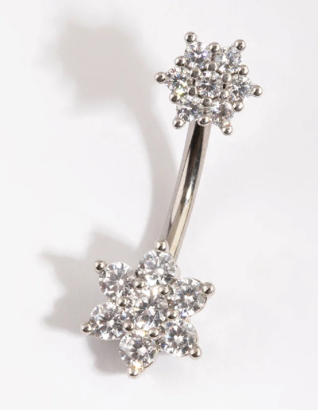 Stunning Belly Rings with Colorful Stones -Titanium Diamante Flower Belly Bar