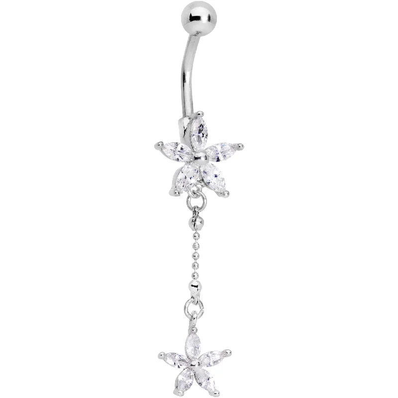 Belly Rings for a Perfect Fit -Clear CZ Gem Double Star System Dangle Belly Ring