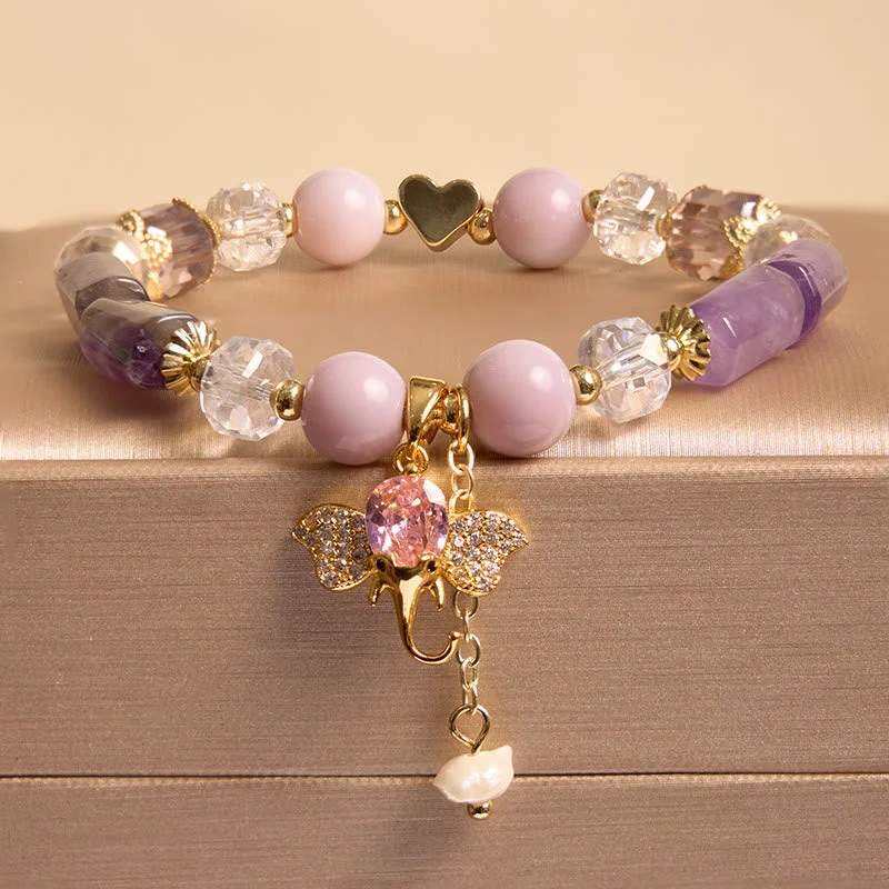 Stylish Stone Bangles for Women-Buddha Stones Amethyst Green Aventurine Strawberry Quartz Positive Elephant Charm Bracelet Stylish Stone Bangles for Women-Buddha Stones Amethyst Green Aventurine Strawberry Quartz Positive Elephant Charm Bracelet