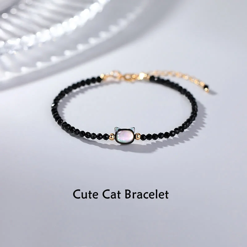 Traditional Gold Wedding Bangles for Women-Buddha Stones 14K Gold Plated Black Spinel White Crystal Cute Cat Tridacna Stone Healing Bracelet