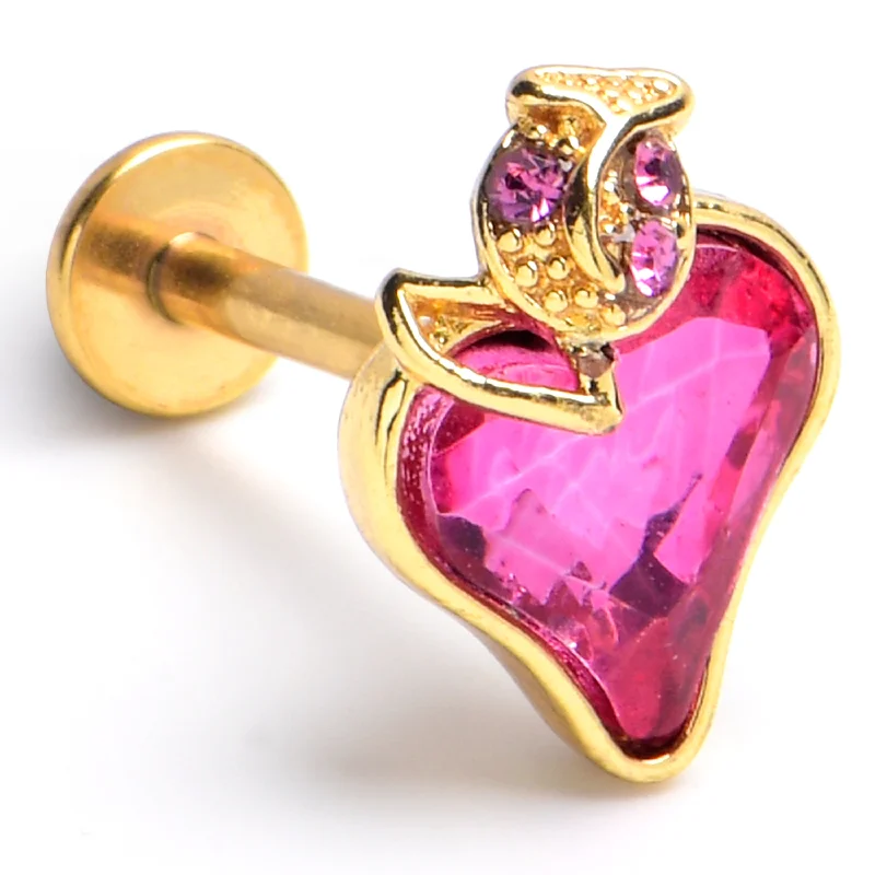 Fashionable Lip Rings for Young Women16 Gauge 5/16 Pink Gem Gold Tone Strawberry Love Labret Monroe Tragus
