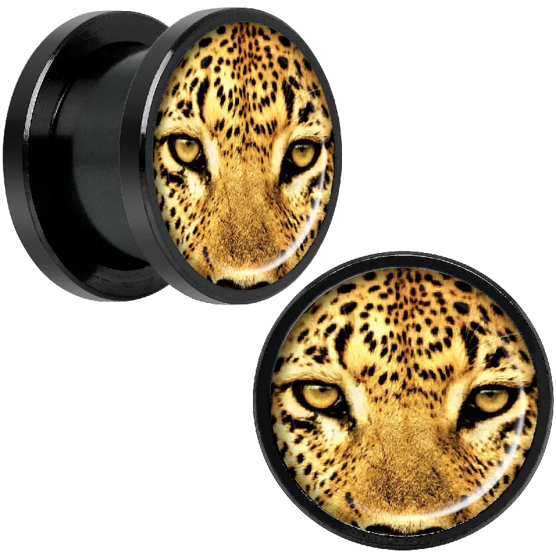 Women's Earrings – Elegant Designs for Every Personality--Full Color Leopard Eyes Black Anodized Screw Fit Plug Set 1/2