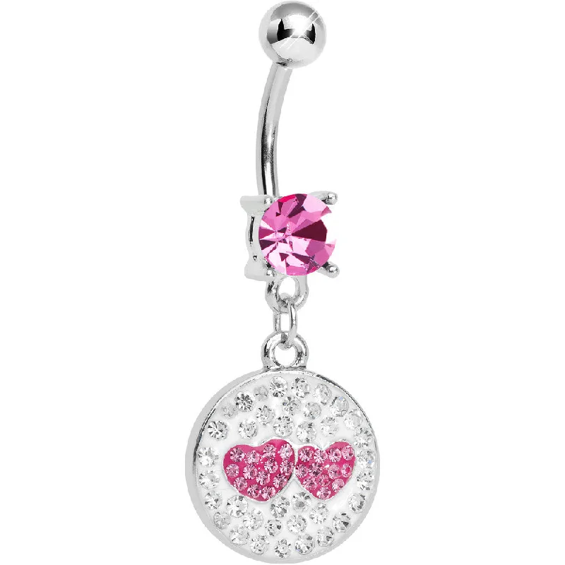 Comfortable Belly Rings for Active Fashionistas -Pink Clear Gem Paved Perfect Match Hearts Dangle Belly Ring Comfortable Belly Rings for Active Fashionistas -Pink Clear Gem Paved Perfect Match Hearts Dangle Belly Ring