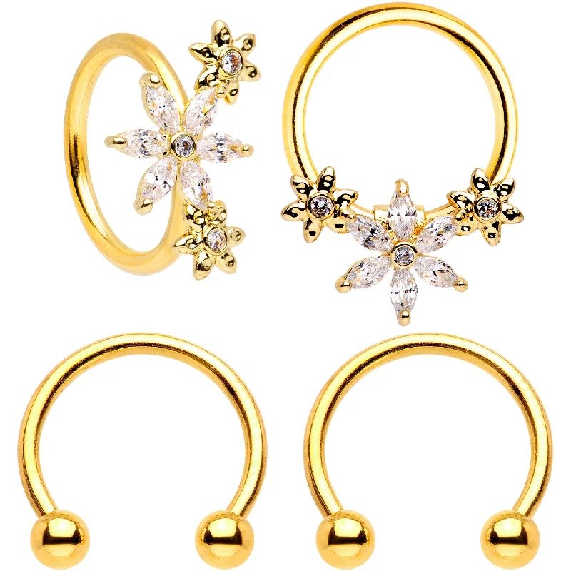 Affordable Lip Rings with Classy Designs16 Gauge 3/8 Clear CZ Gem Gold Tone Fun Flowers Horseshoe BCR Captive Ring Set Affordable Lip Rings with Classy Designs16 Gauge 3/8 Clear CZ Gem Gold Tone Fun Flowers Horseshoe BCR Captive Ring Set
