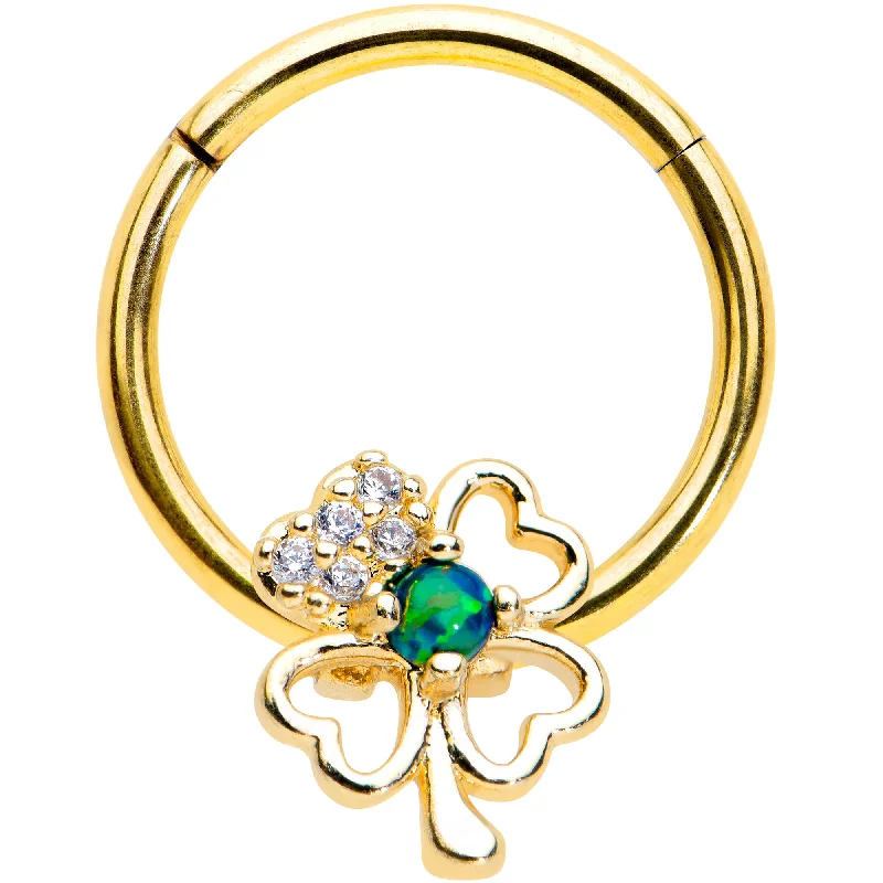 Nose Rings with Amethyst Stones -16 Gauge 3/8 Green Synth Opal Gold Hue Shamrock Hinged Segment Ring
