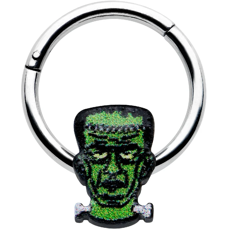 Nose Rings with Crystals -16 Gauge 3/8 Frankenstein Head Green Glow in Dark Hinged Segment Ring Nose Rings with Crystals -16 Gauge 3/8 Frankenstein Head Green Glow in Dark Hinged Segment Ring
