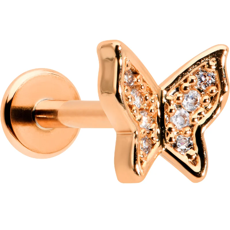 Comfortable Lip Rings for Modern Style16 Gauge 5/16 Clear Gem Rosy Tone Butterfly Internally Threaded Labret